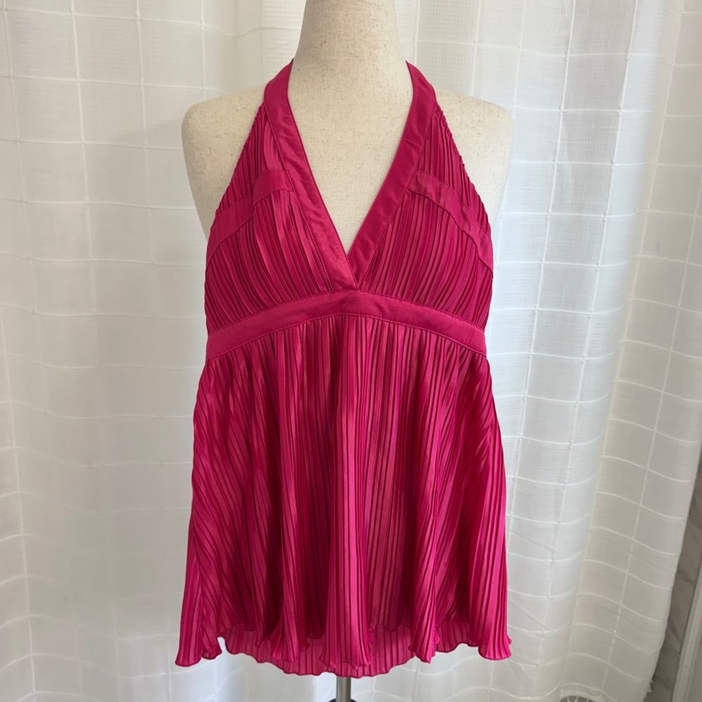 Charlotte Russe Hot Pink Pleated Halter Top V-Neck Empire Waist Y2K Medium